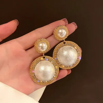 Big Pearl Round Crystal Drop Earrings